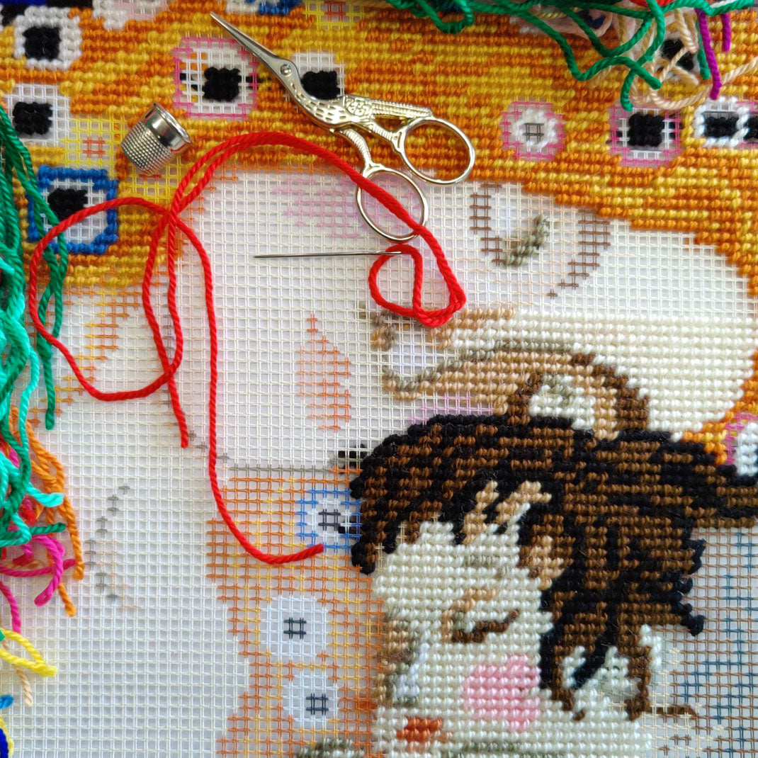 Brvsk Stamped Cross-Stitch Kit for Adults and Beginners — The Three Ages of Woman by Gustav Klimt 16″ × 16″ with Clear, Precise Printed Design on Cotton Canvas; Includes Needles and Yarn