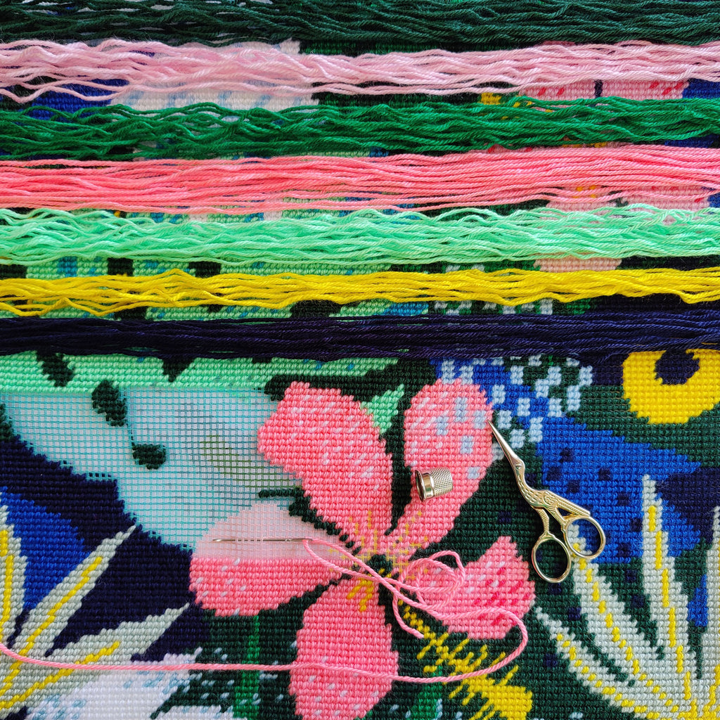 Brvsk Tropical Embroidery Kit for Adults and Beginners — Wild Hibiscus 16″ × 16″ with Clear, Precise Printed Design on Cotton Canvas; Includes 2 Needles, Yarn, and Easy-Read Chart