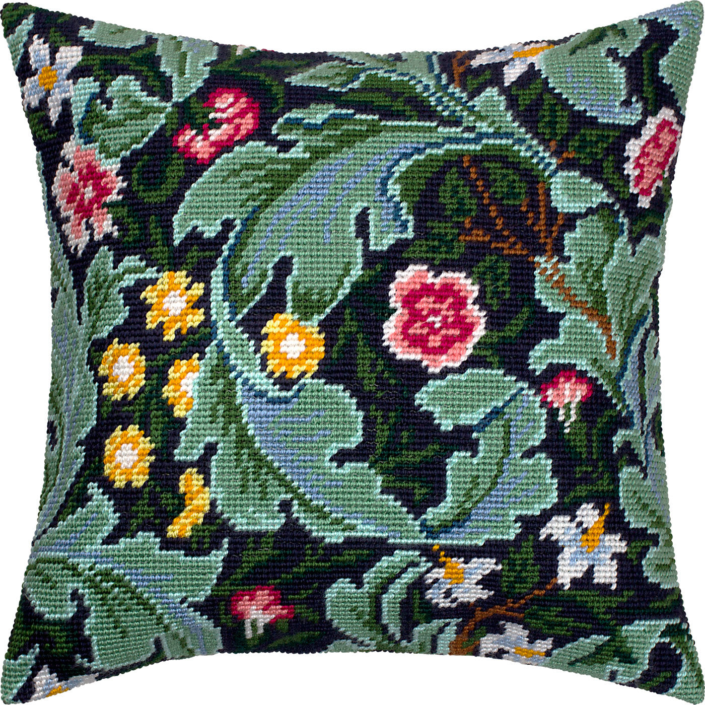Floral Stamped Cross-Stitch Kit for Adults and Beginners — Leicester by William Morris 16″ × 16″ with Clear, Precise Printed Design on Cotton Canvas; Includes 2 Needles, Yarn, and Easy-Read Chart