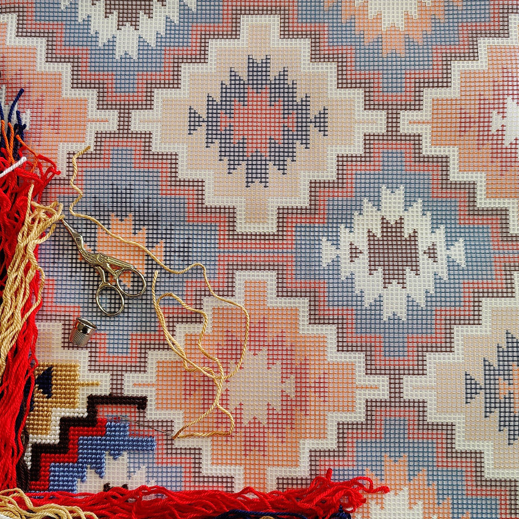 Brvsk Ornamental Embroidery Kit for Adults and Beginners — Puebla Mexican Pattern 16″ × 16″ with Clear, Precise Printed Design on Cotton Canvas; Includes 2 Needles, Yarn, and Easy-Read Chart