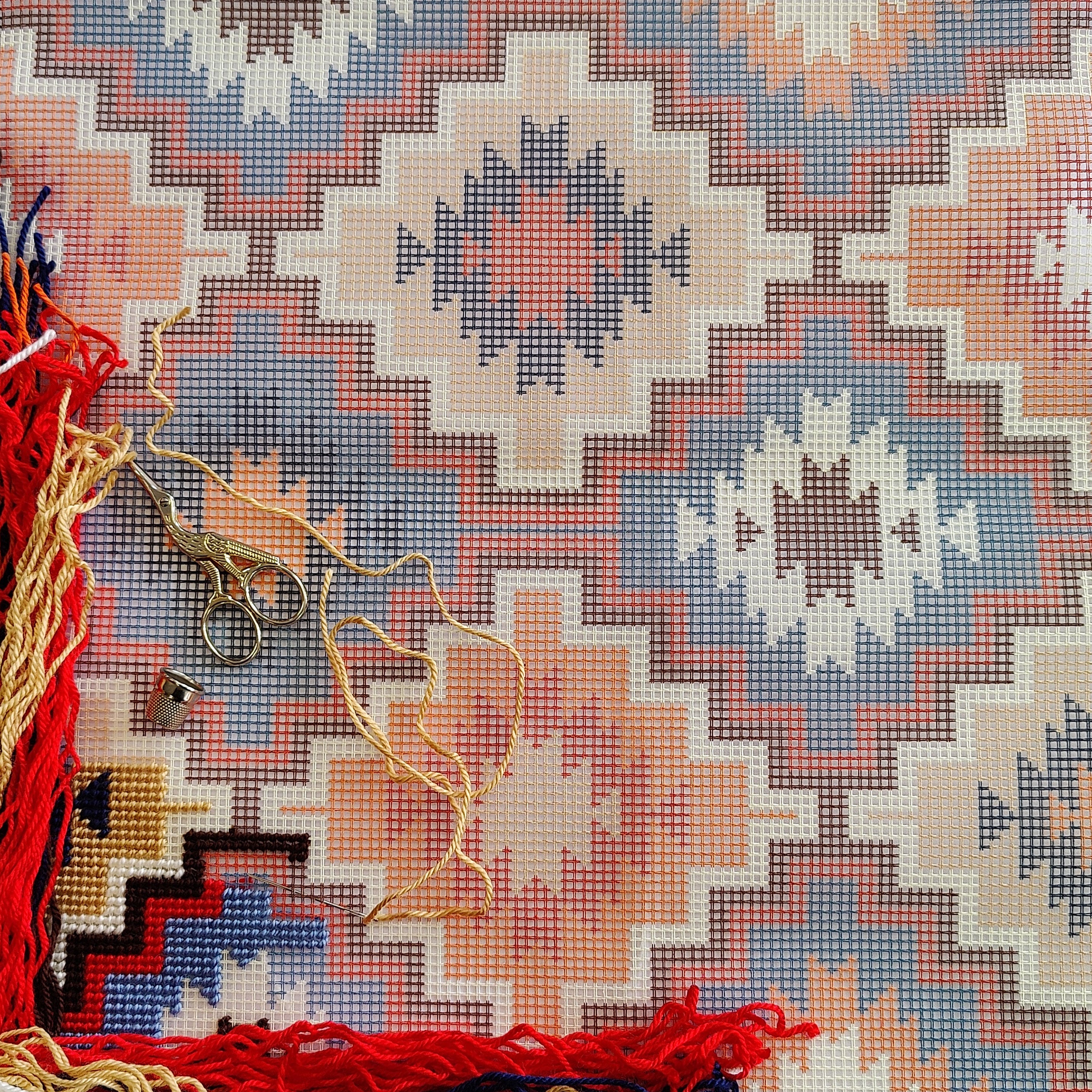 Brvsk Ornamental Embroidery Kit for Adults and Beginners — Puebla Mexican Pattern 16″ × 16″ with Clear, Precise Printed Design on Cotton Canvas; Includes 2 Needles, Yarn, and Easy-Read Chart