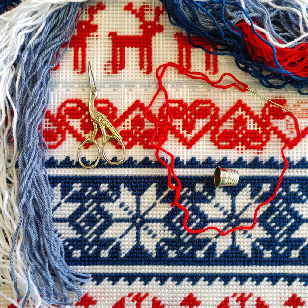 Brvsk Winter Embroidery Kit for Adults and Beginners — Christmas Deer Pattern 16″ × 16″ with Clear, Precise Printed Design on Cotton Canvas; Includes 2 Needles, Yarn, and Easy-Read Chart