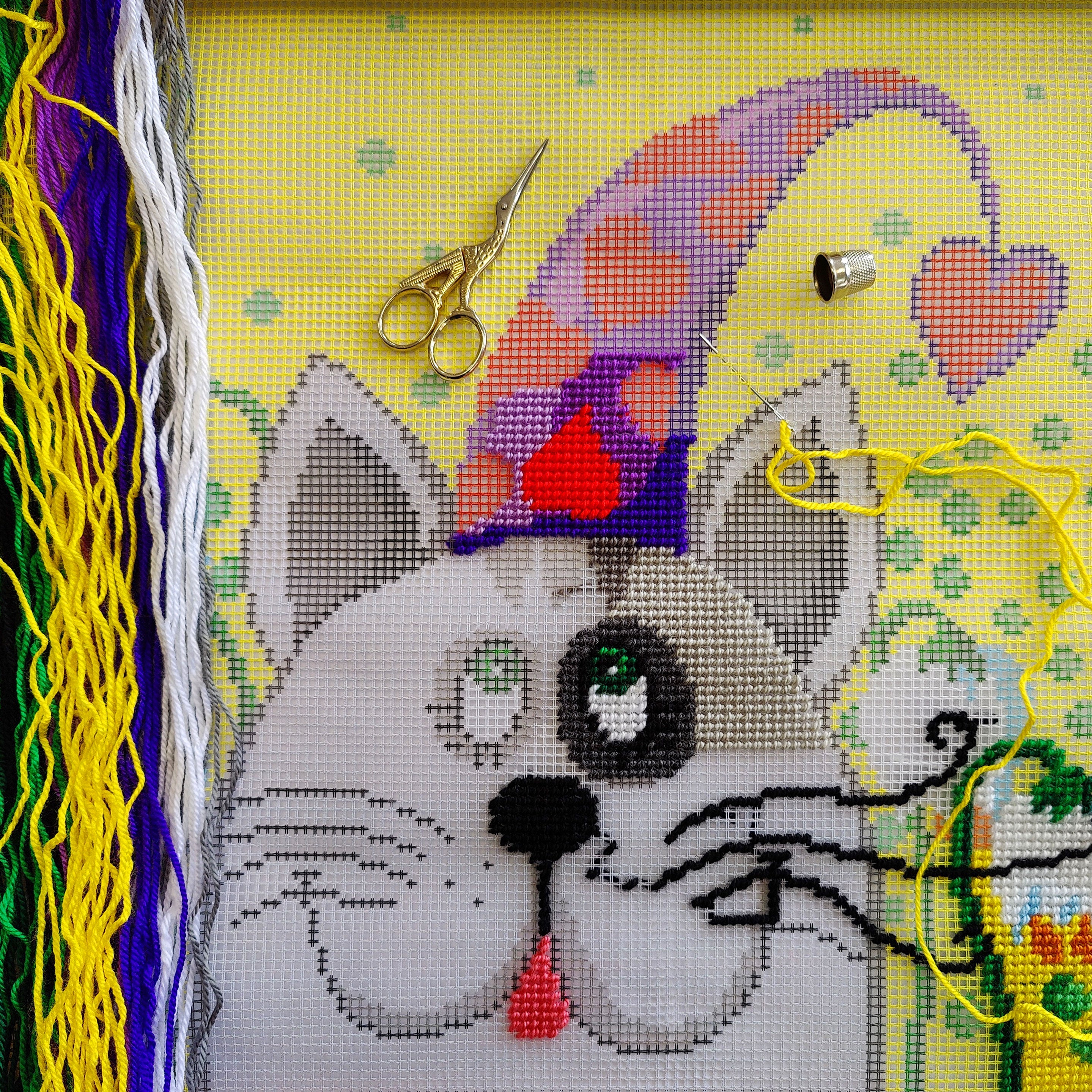 Cat in a Cone Hat — Needlepoint Kit 16″ × 16″ by Brvsk