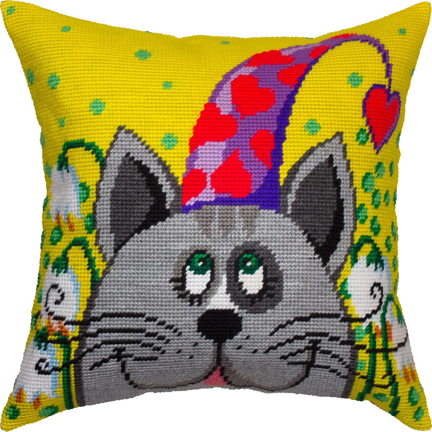 Brvsk Whimsical Needlepoint Kit for Adults and Beginners — Cat in a Cone Hat 16″ × 16″ with Clear, Precise Printed Design on Cotton Canvas; Includes 2 Needles, Yarn, and Easy-Read Chart