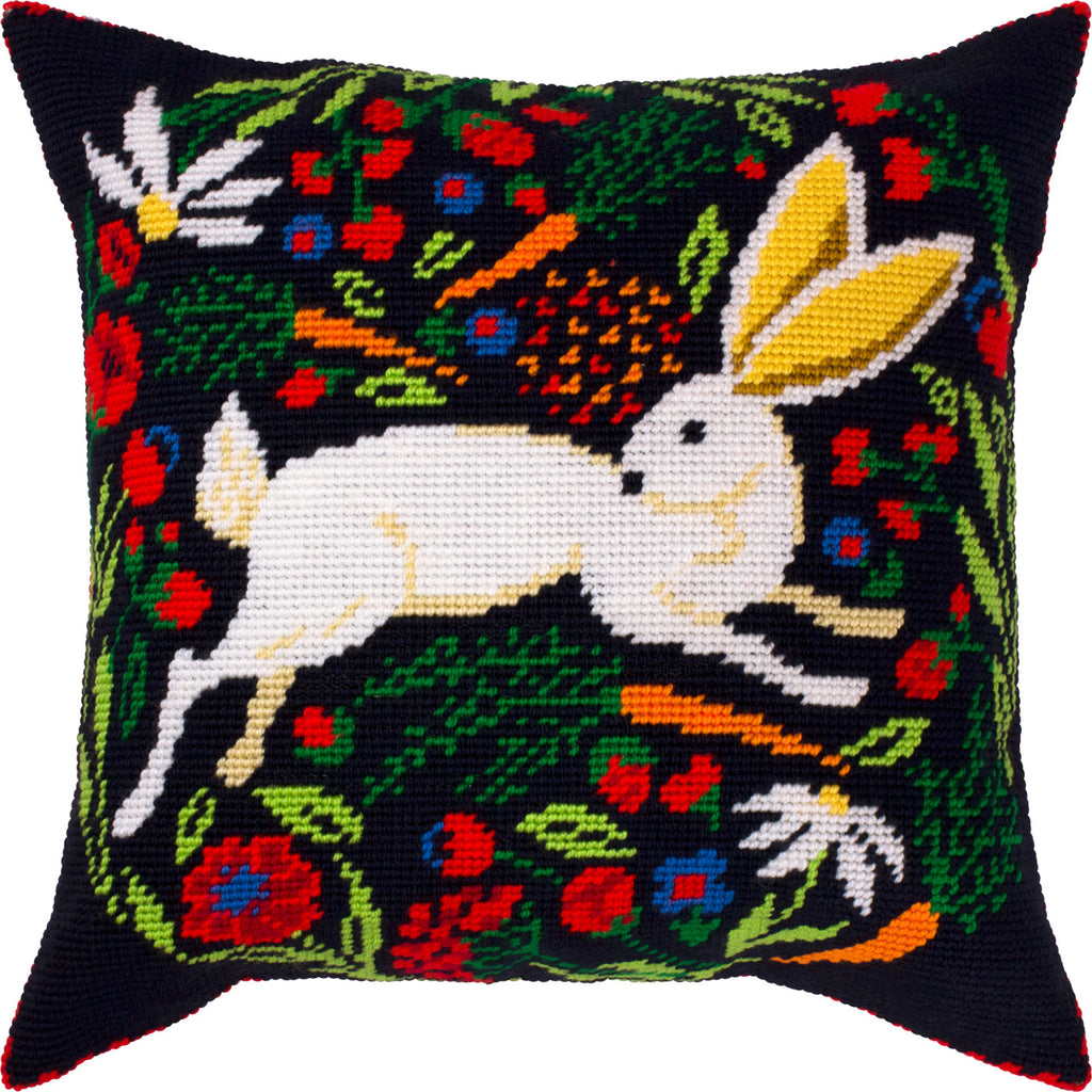 Tapestry Embroidery Kit for Adults and Beginners — Hare on Black 16″ × 16″ with Clear, Precise Printed Design on Cotton Canvas; Includes 2 Needles, Yarn, and Easy-Read Chart