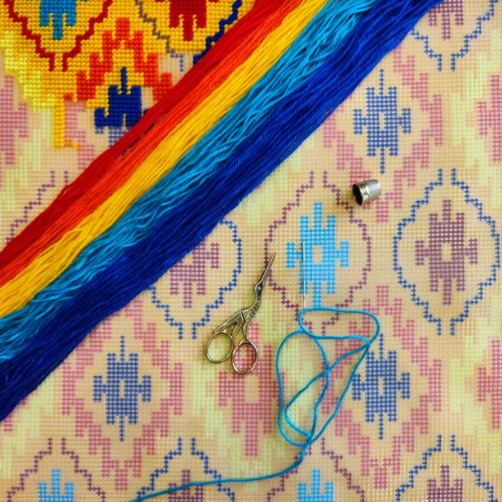 Brvsk Ornamental Stamped Cross-Stitch Kit for Adults and Beginners — Navajo 16″ × 16″ with Clear, Precise Printed Design on Cotton Canvas; Includes 2 Needles, Yarn, and Easy-Read Chart
