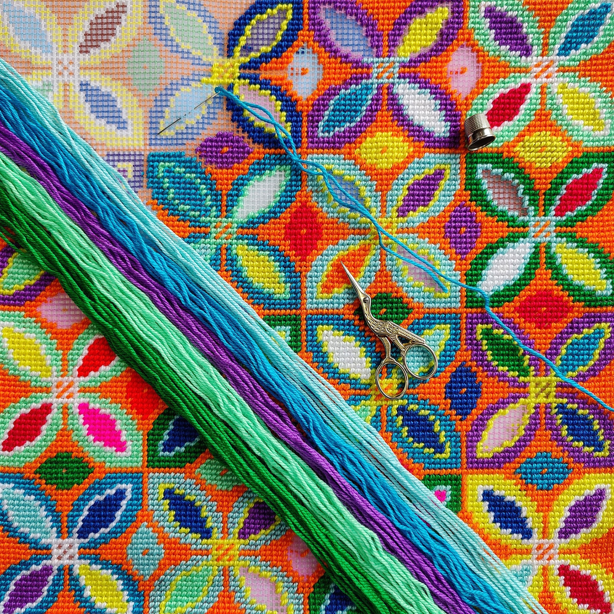 Brvsk Ornamental Embroidery Kit for Adults and Beginners — Sunbeams 16″ × 16″ with Clear, Precise Printed Design on Cotton Canvas; Includes 2 Needles, Yarn, and Easy-Read Chart
