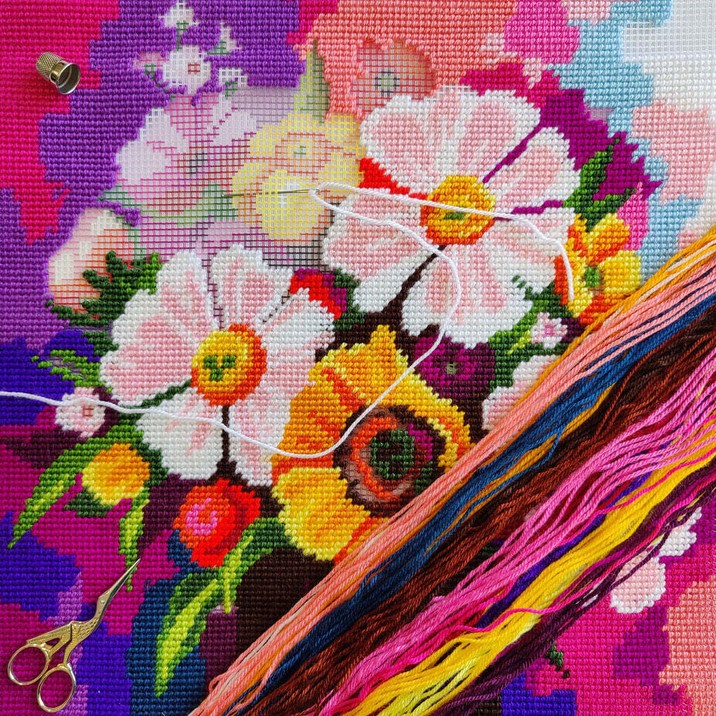 Brvsk Floral Embroidery Kit for Adults and Beginners — Wildflowers 16″ × 16″ with Clear, Precise Printed Design on Cotton Canvas; Includes 2 Needles, Yarn, and Easy-Read Chart