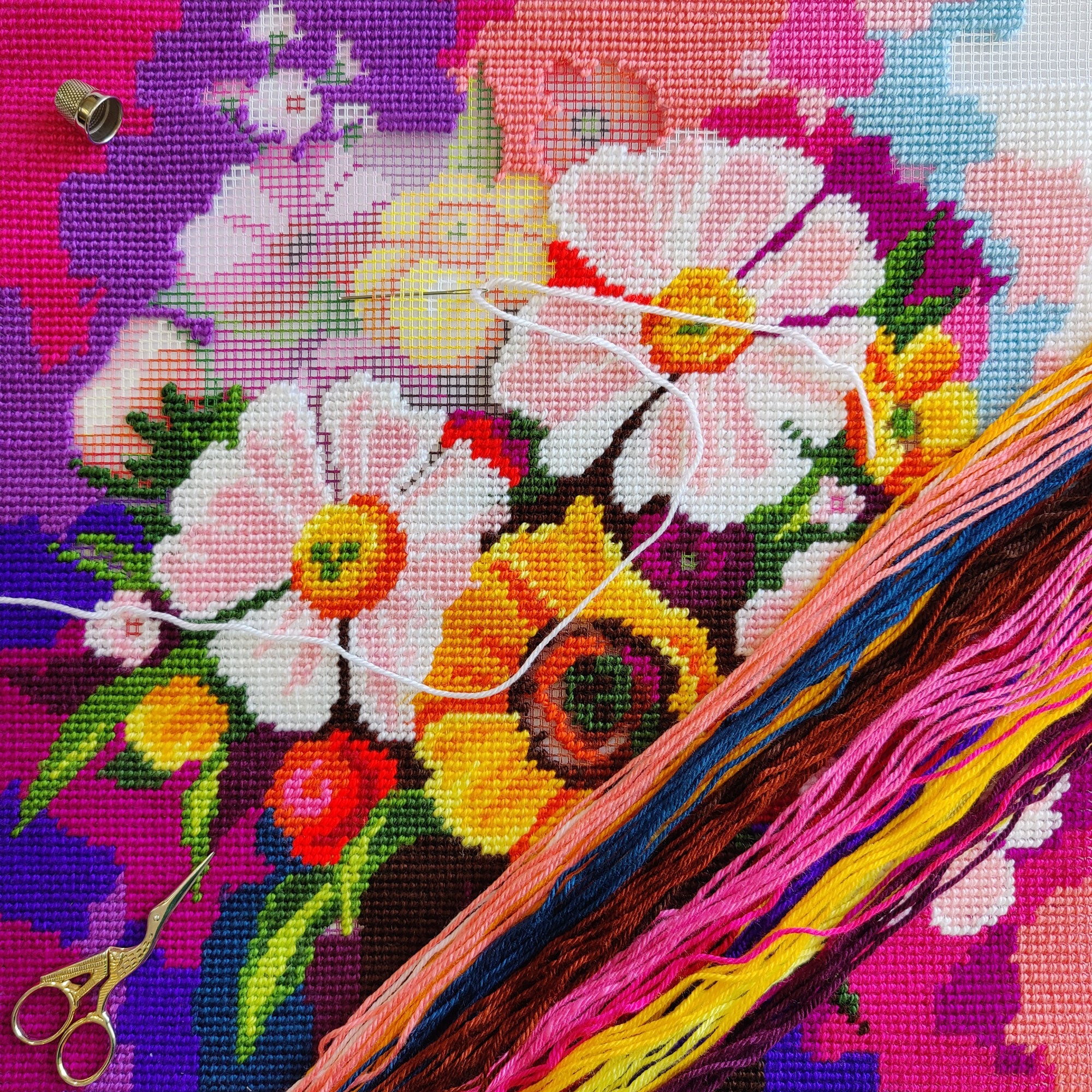 Brvsk Floral Embroidery Kit for Adults and Beginners — Wildflowers 16″ × 16″ with Clear, Precise Printed Design on Cotton Canvas; Includes 2 Needles, Yarn, and Easy-Read Chart