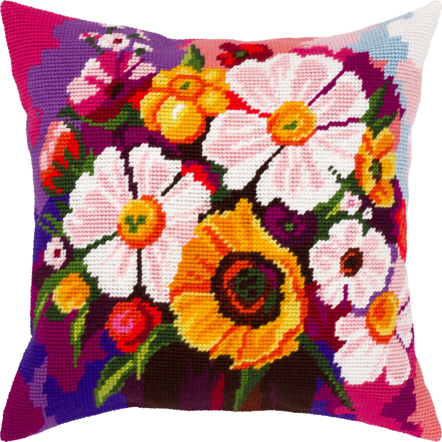 Brvsk Floral Embroidery Kit for Adults and Beginners — Wildflowers 16″ × 16″ with Clear, Precise Printed Design on Cotton Canvas; Includes 2 Needles, Yarn, and Easy-Read Chart