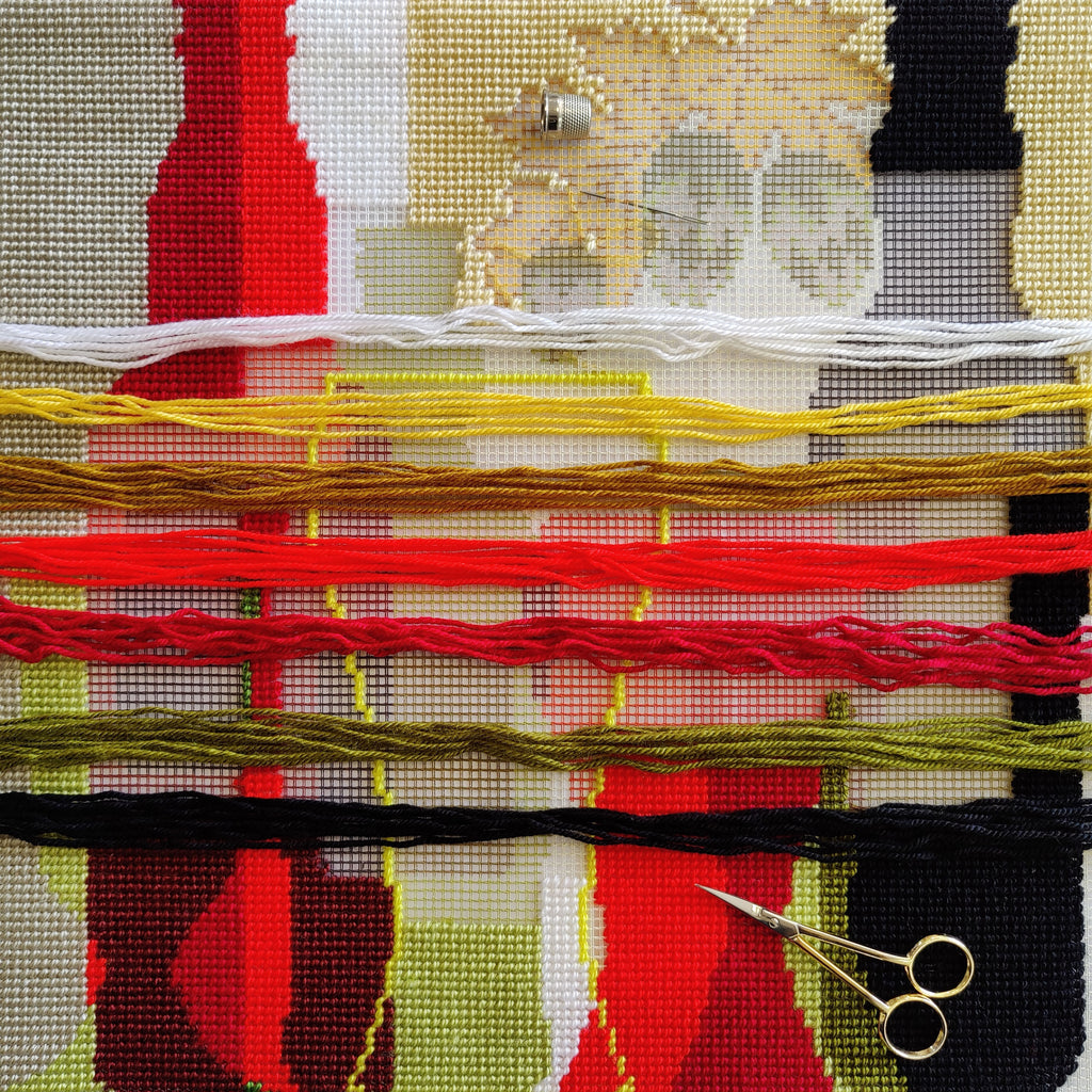 Kitchen Stamped Cross-Stitch Kit for Adults and Beginners — Still Life with Beer Glasses 16″ × 16″ with Clear, Precise Printed Design on Cotton Canvas; Includes 2 Needles, Yarn, and Easy-Read Chart
