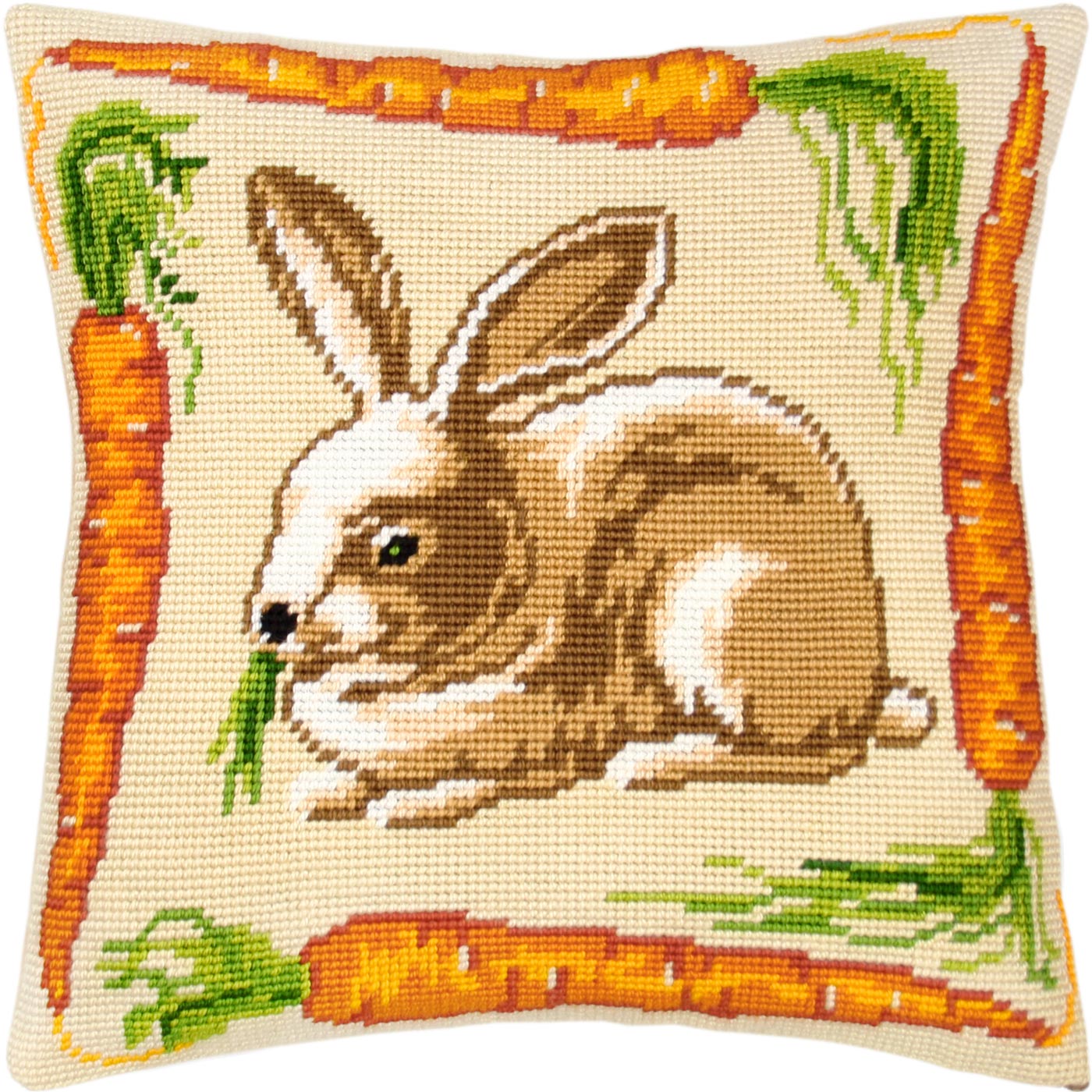 Rabbit with Carrots. Needlepoint Kit. Throw Pillow 16×16 Inches. Printed Tapestry Canvas, European Quality