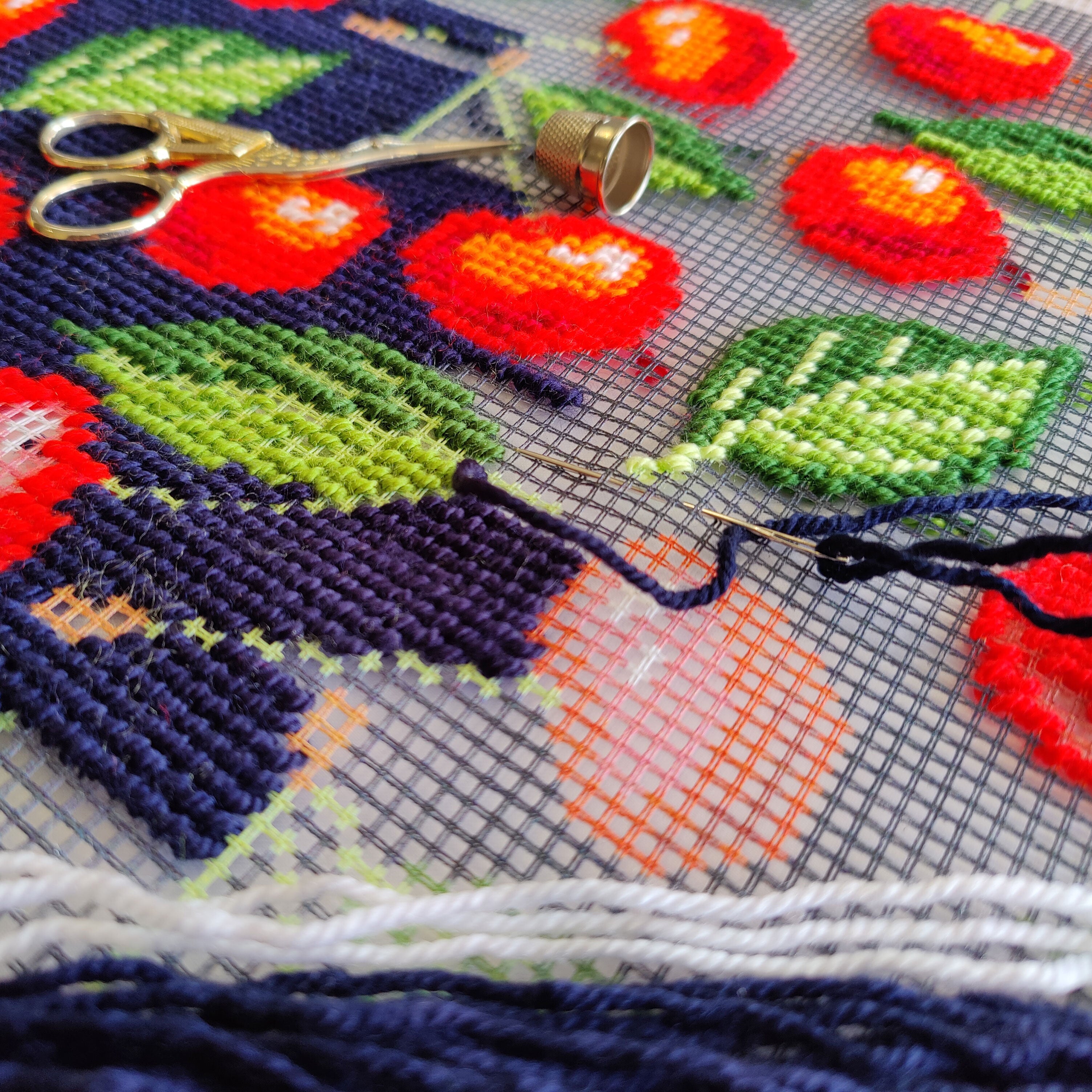 Brvsk Summer Embroidery Kit for Adults and Beginners — Cherries 16″ × 16″ with Clear, Precise Printed Design on Cotton Canvas; Includes 2 Needles, Yarn, and Easy-Read Chart