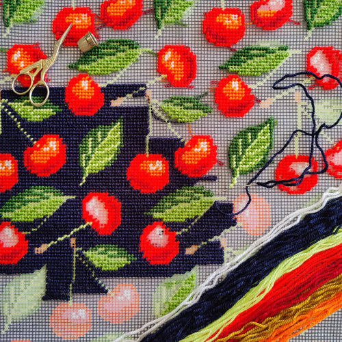 Cherries — Embroidery Kit 16″ × 16″ by Brvsk