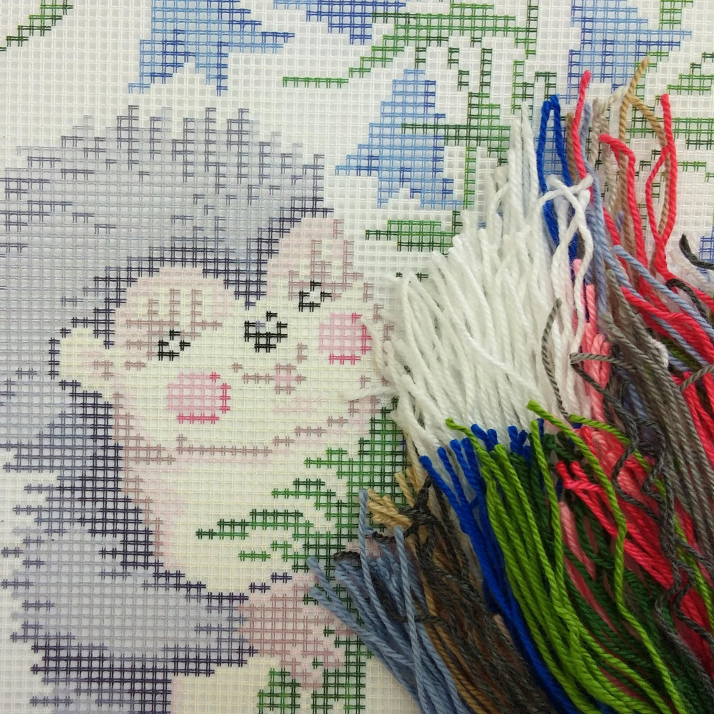 Brvsk Whimsical Embroidery Kit for Adults and Beginners — Hedgehog with Bellflowers 16″ × 16″ with Clear, Precise Printed Design on Cotton Canvas; Includes 2 Needles, Yarn, and Easy-Read Chart