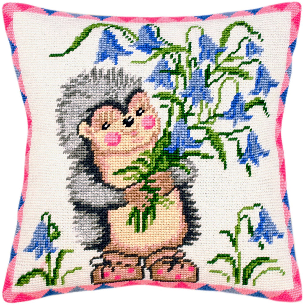 Brvsk Whimsical Embroidery Kit for Adults and Beginners — Hedgehog with Bellflowers 16″ × 16″ with Clear, Precise Printed Design on Cotton Canvas; Includes 2 Needles, Yarn, and Easy-Read Chart