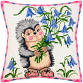 Brvsk Whimsical Embroidery Kit for Adults and Beginners — Hedgehog with Bellflowers 16″ × 16″ with Clear, Precise Printed Design on Cotton Canvas; Includes 2 Needles, Yarn, and Easy-Read Chart