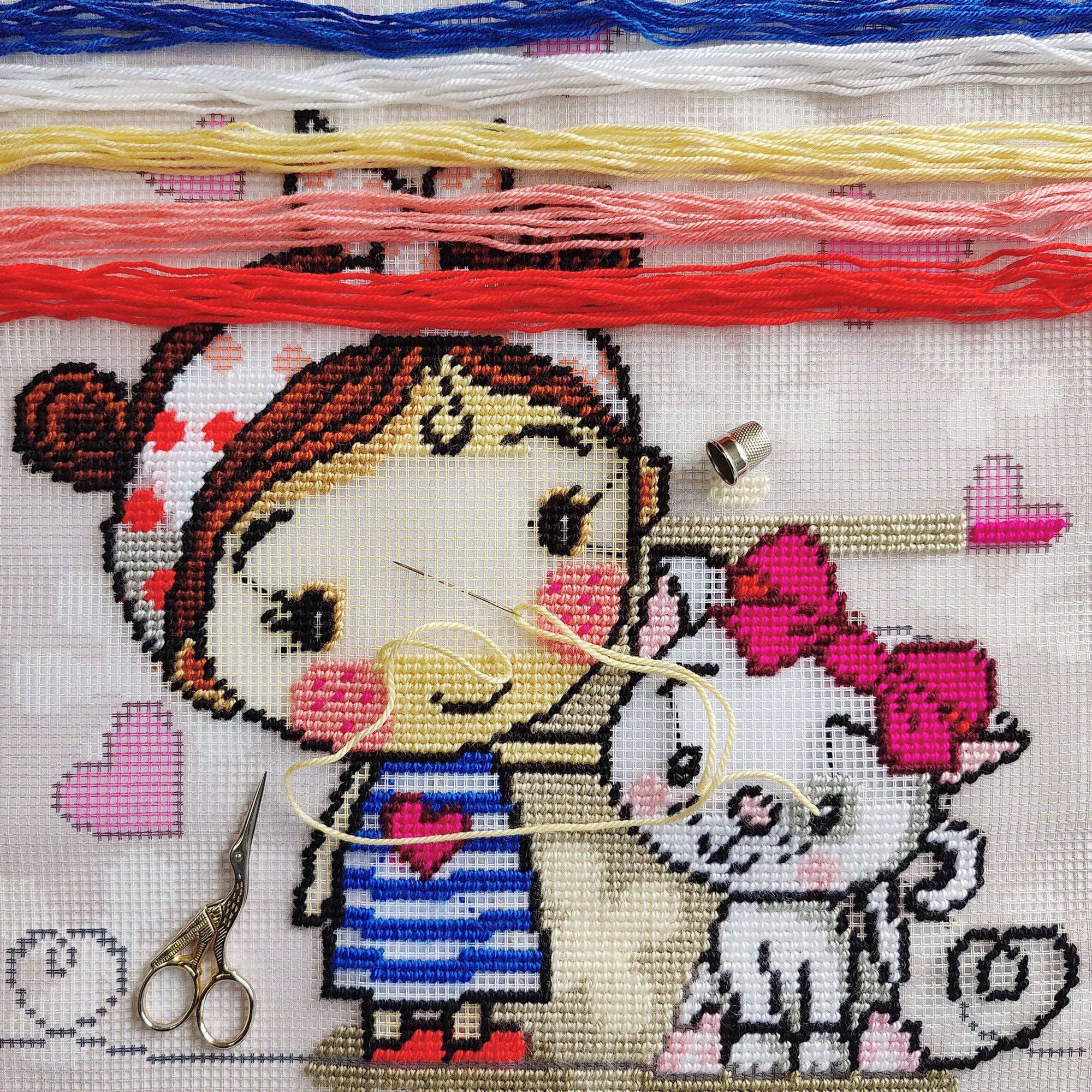 Brvsk Tender Needlepoint Kit for Adults and Beginners — A Girl and a Kitten 16″ × 16″ with Clear, Precise Printed Design on Cotton Canvas; Includes 2 Needles, Yarn, and Easy-Read Chart