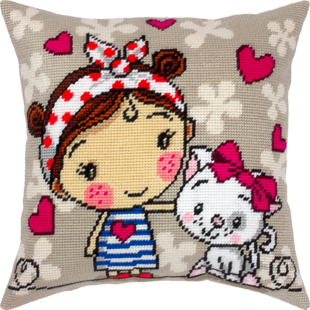 Brvsk Tender Needlepoint Kit for Adults and Beginners — A Girl and a Kitten 16″ × 16″ with Clear, Precise Printed Design on Cotton Canvas; Includes 2 Needles, Yarn, and Easy-Read Chart