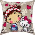 Brvsk Tender Needlepoint Kit for Adults and Beginners — A Girl and a Kitten 16″ × 16″ with Clear, Precise Printed Design on Cotton Canvas; Includes 2 Needles, Yarn, and Easy-Read Chart