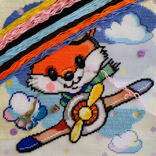 Brvsk Adventure Stamped Cross-Stitch Kit for Adults and Beginners — Little Fox The Pilot 16″ × 16″ with Clear, Precise Printed Design on Cotton Canvas; Includes 2 Needles, Yarn, and Easy-Read Chart