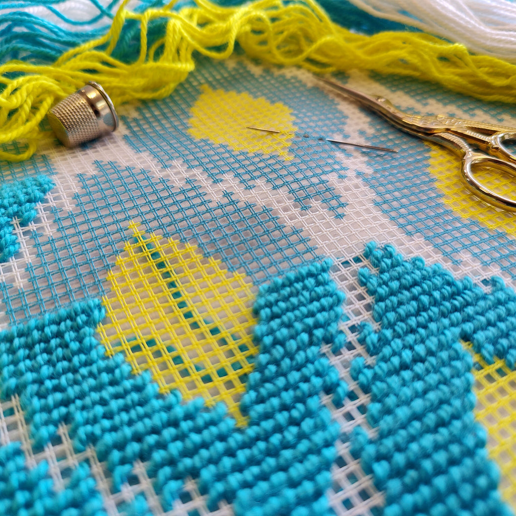 Brvsk Ornamental Stamped Cross-Stitch Kit for Adults and Beginners — Turquoise and Lemons 16″ × 16″ with Clear, Precise Printed Design on Cotton Canvas; Includes 2 Needles, Yarn, and Easy-Read Chart