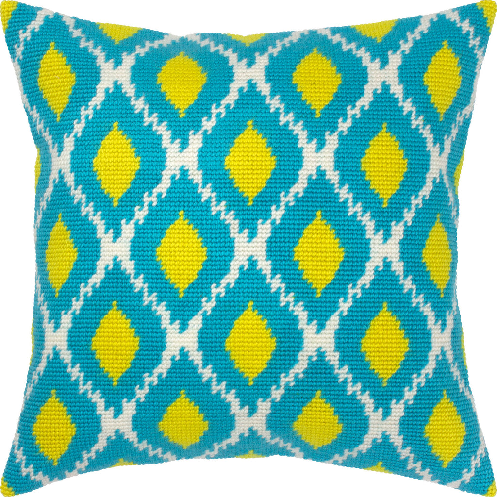 Brvsk Ornamental Stamped Cross-Stitch Kit for Adults and Beginners — Turquoise and Lemons 16″ × 16″ with Clear, Precise Printed Design on Cotton Canvas; Includes 2 Needles, Yarn, and Easy-Read Chart