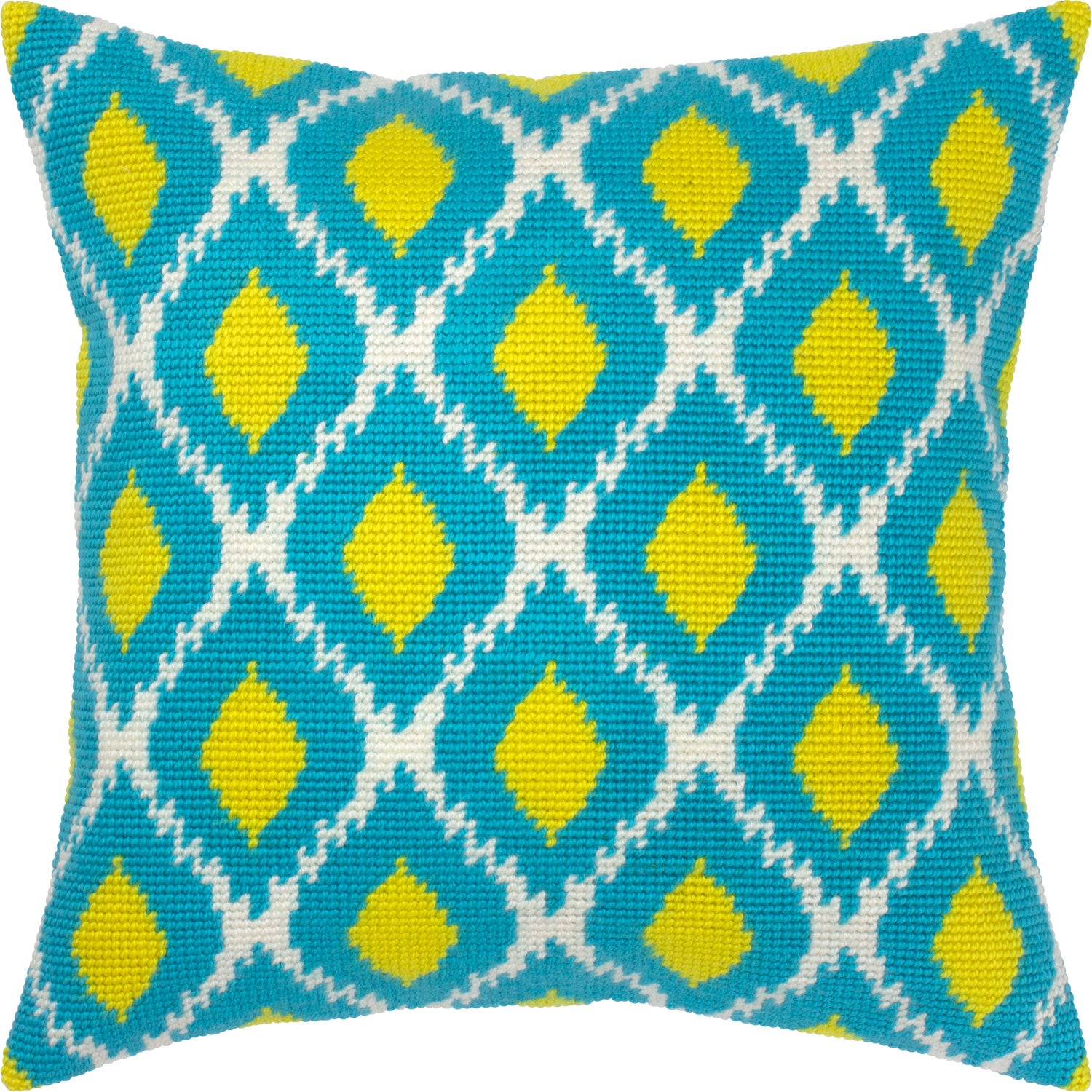 Brvsk Ornamental Stamped Cross-Stitch Kit for Adults and Beginners — Turquoise and Lemons 16″ × 16″ with Clear, Precise Printed Design on Cotton Canvas; Includes 2 Needles, Yarn, and Easy-Read Chart