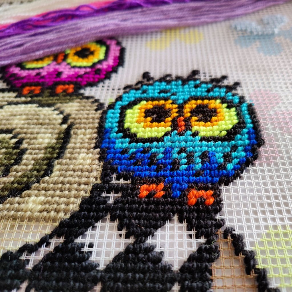 Brvsk Kid’s Room Embroidery Kit for Adults and Beginners — Elephant and Owls 16″ × 16″ with Clear, Precise Printed Design on Cotton Canvas; Includes 2 Needles, Yarn, and Easy-Read Chart