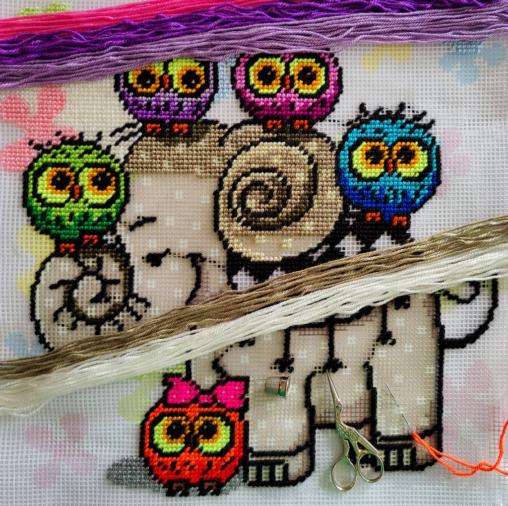 Elephant and Owls — Embroidery Kit 16″ × 16″ by Brvsk