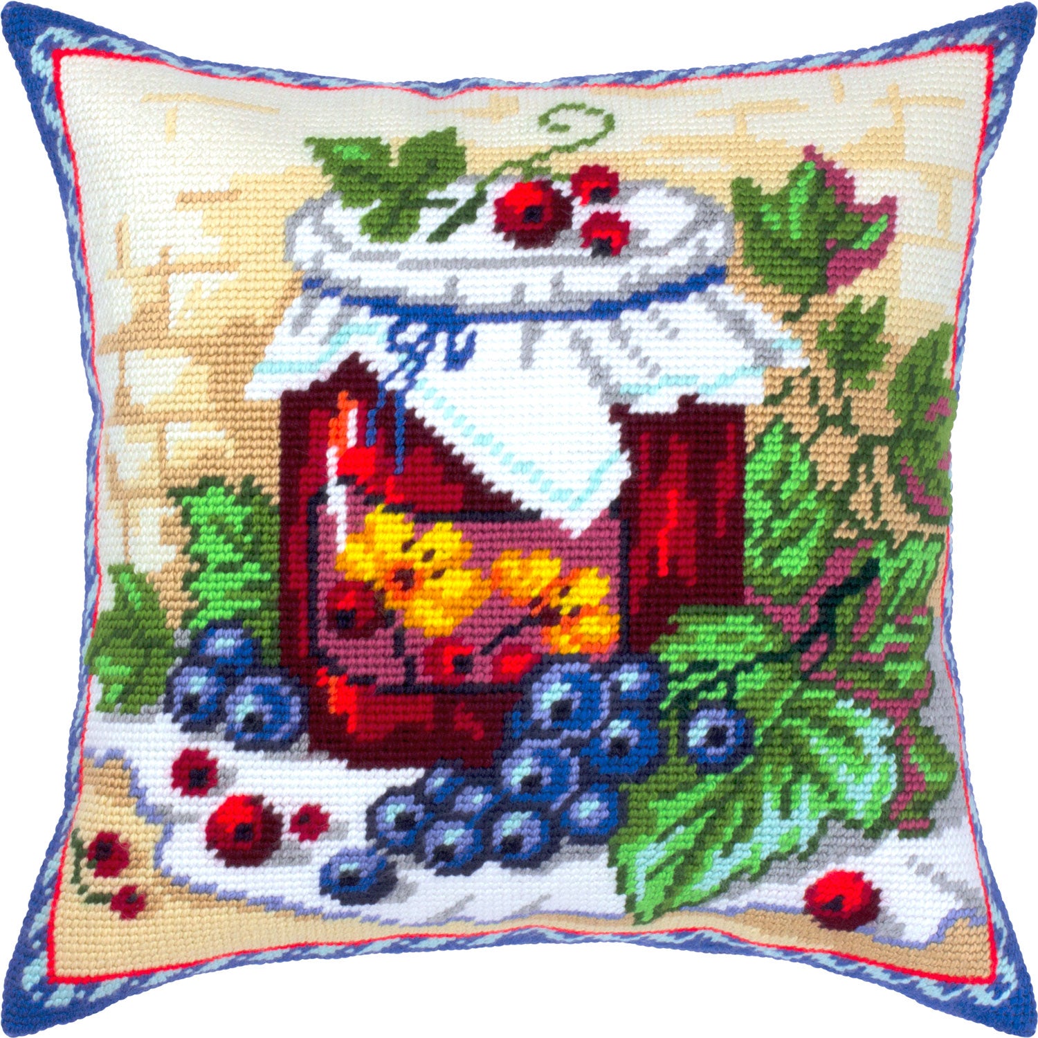 Still life Stamped Cross-Stitch Kit for Adults and Beginners — Still Life with Currants 16″ × 16″ with Clear, Precise Printed Design on Cotton Canvas; Includes 2 Needles, Yarn, and Easy-Read Chart