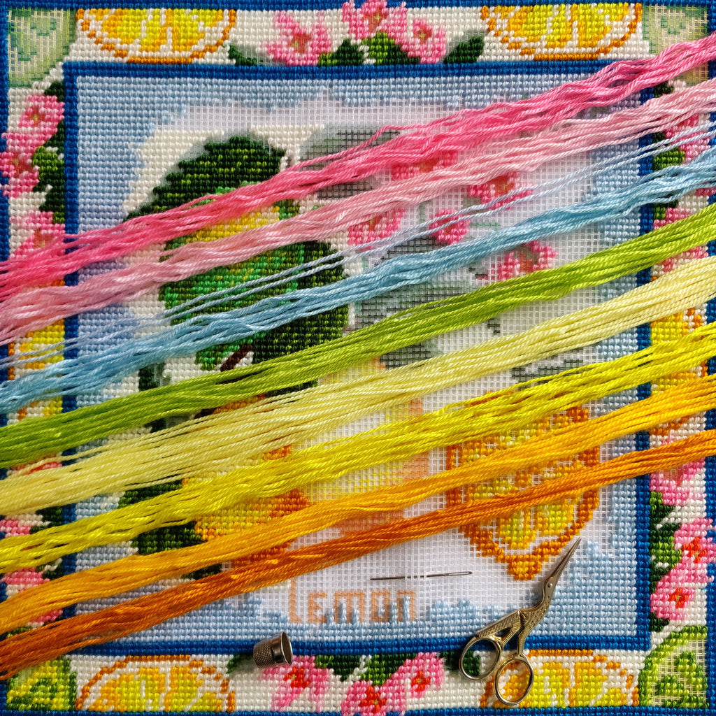 Brvsk Kitchen Embroidery Kit for Adults and Beginners — Lemons 16″ × 16″ with Clear, Precise Printed Design on Cotton Canvas; Includes 2 Needles, Yarn, and Easy-Read Chart