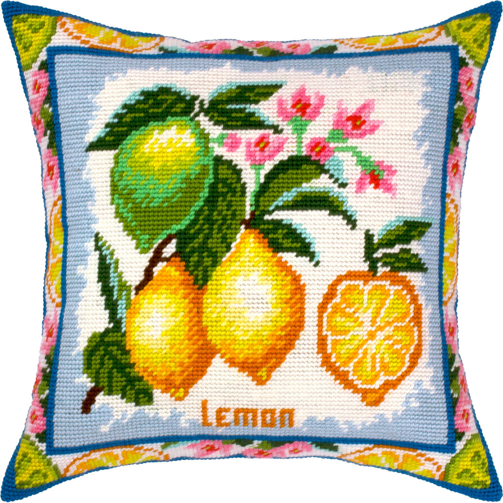 Brvsk Kitchen Embroidery Kit for Adults and Beginners — Lemons 16″ × 16″ with Clear, Precise Printed Design on Cotton Canvas; Includes 2 Needles, Yarn, and Easy-Read Chart