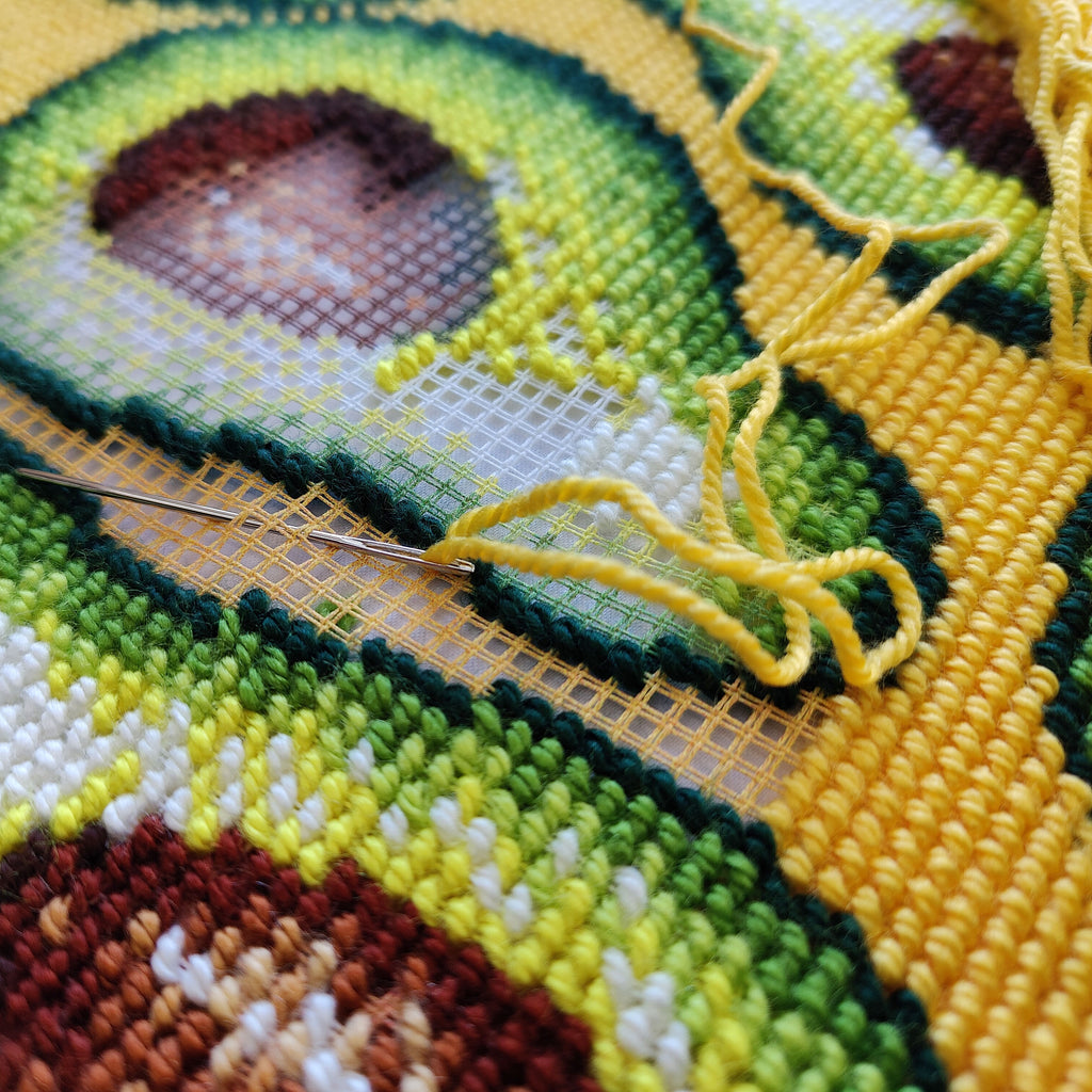 Brvsk Kitchen Needlepoint Kit for Adults and Beginners — Avocados 16″ × 16″ with Clear, Precise Printed Design on Cotton Canvas; Includes 2 Needles, Yarn, and Easy-Read Chart