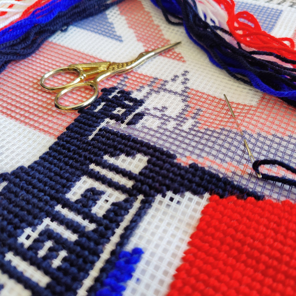 Brvsk Stamped Cross-Stitch Kit for Adults and Beginners — Union Jack 16″ × 16″ with Clear, Precise Printed Design on Cotton Canvas; Includes 2 Needles, Yarn, and Easy-Read Chart