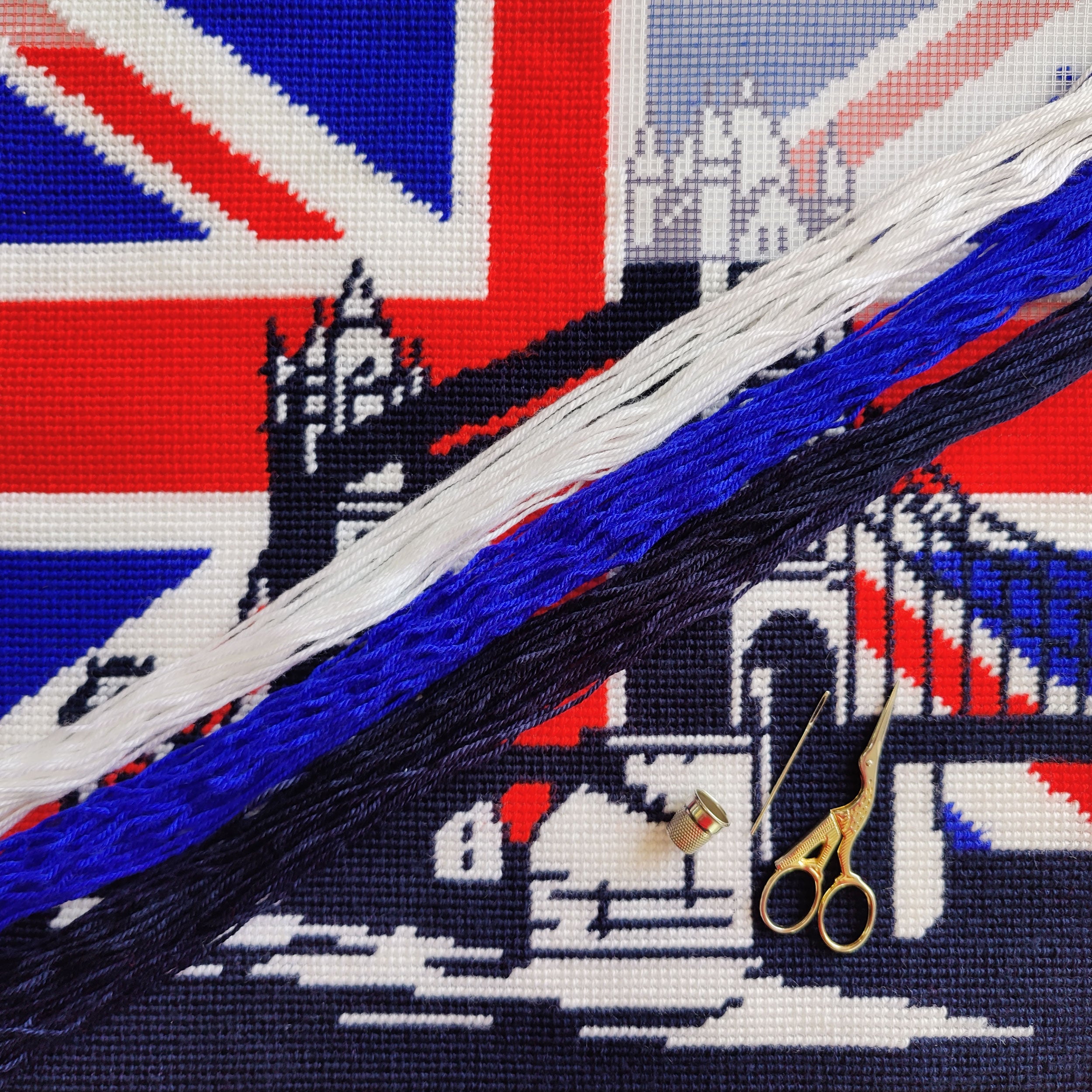 Brvsk Stamped Cross-Stitch Kit for Adults and Beginners — Union Jack 16″ × 16″ with Clear, Precise Printed Design on Cotton Canvas; Includes 2 Needles, Yarn, and Easy-Read Chart