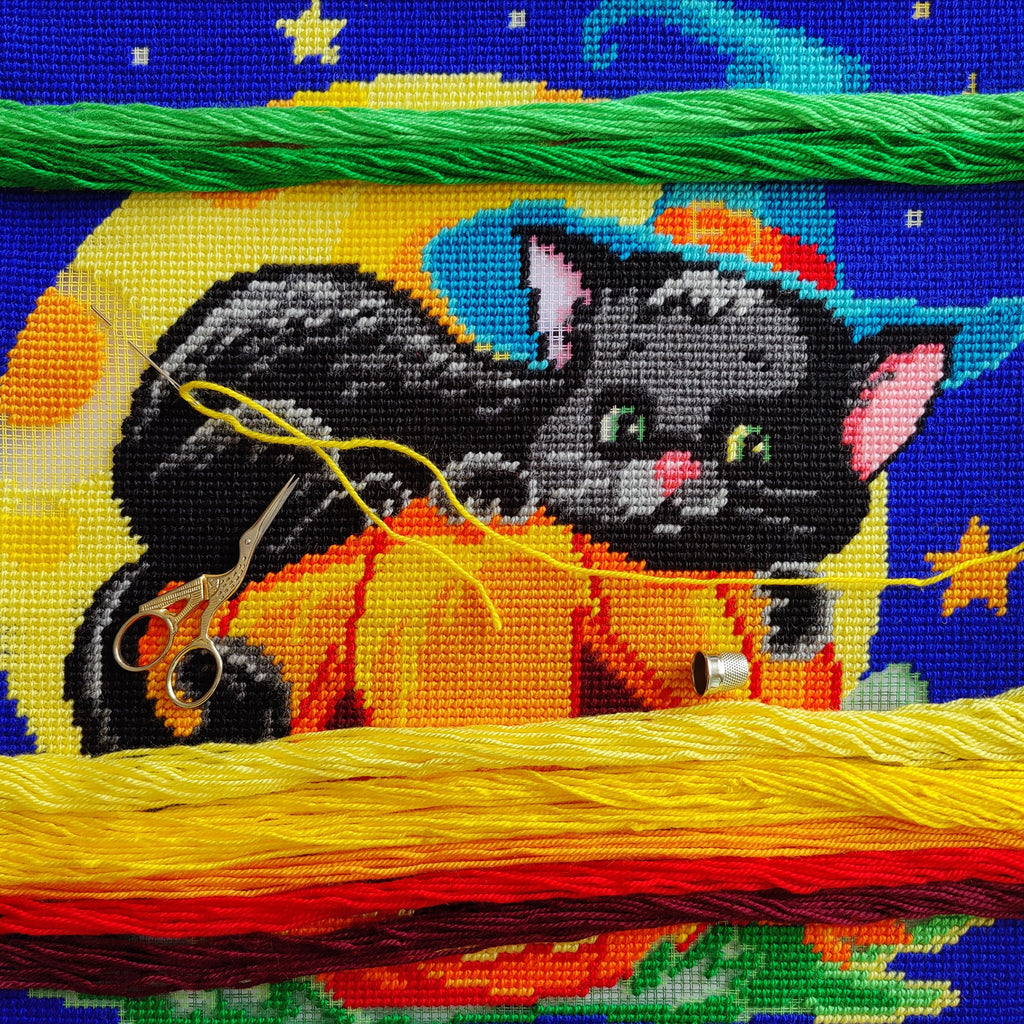 Brvsk Autumn Needlepoint Kit for Adults and Beginners — Halloween Cat 16″ × 16″ with Clear, Precise Printed Design on Cotton Canvas; Includes 2 Needles, Yarn, and Easy-Read Chart