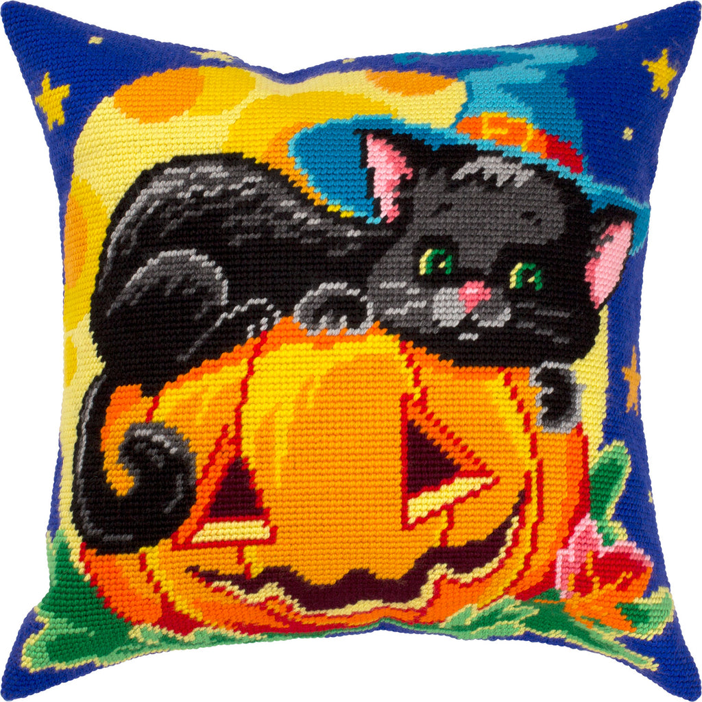 Brvsk Autumn Needlepoint Kit for Adults and Beginners — Halloween Cat 16″ × 16″ with Clear, Precise Printed Design on Cotton Canvas; Includes 2 Needles, Yarn, and Easy-Read Chart