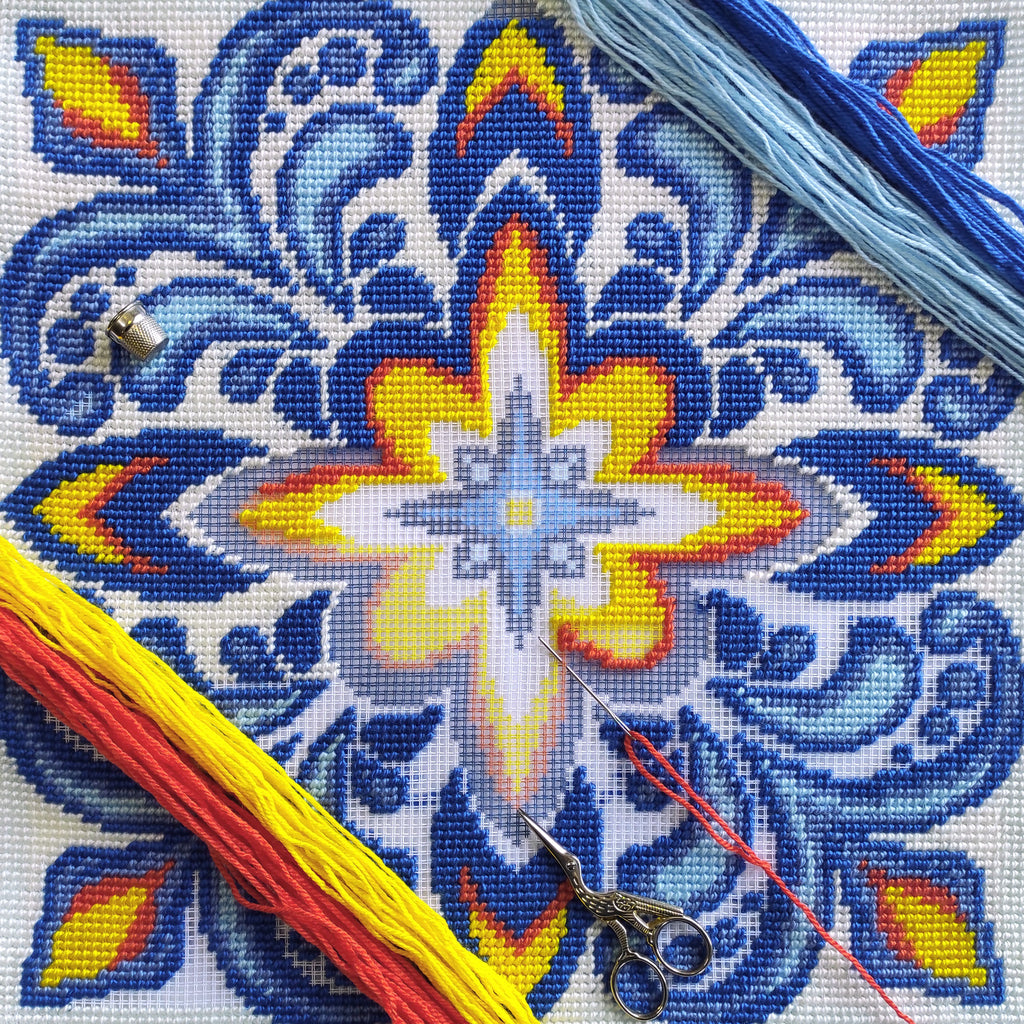 Brvsk Ornamental Stamped Cross-Stitch Kit for Adults and Beginners — Fire and Ice 16″ × 16″ with Clear, Precise Printed Design on Cotton Canvas; Includes 2 Needles, Yarn, and Easy-Read Chart