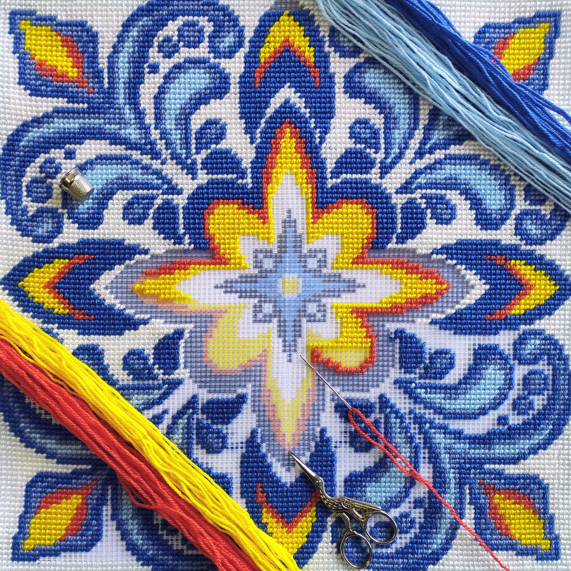 Brvsk Ornamental Stamped Cross-Stitch Kit for Adults and Beginners — Fire and Ice 16″ × 16″ with Clear, Precise Printed Design on Cotton Canvas; Includes 2 Needles, Yarn, and Easy-Read Chart