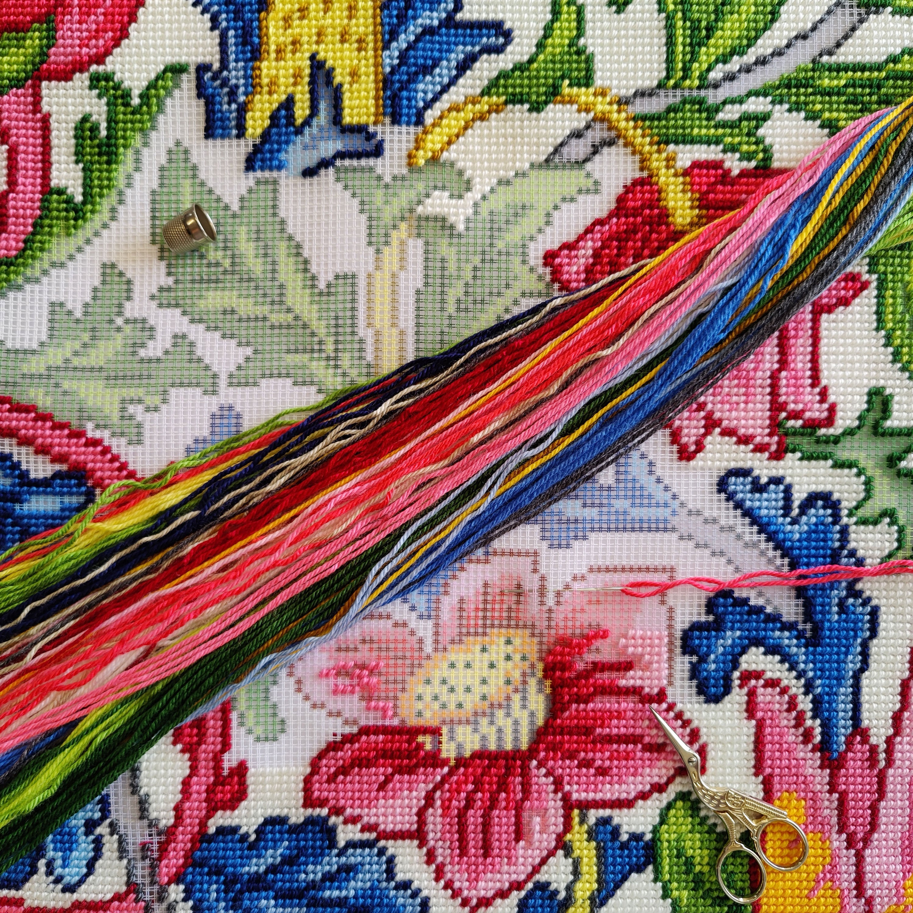 Brvsk Floral Embroidery Kit for Adults and Beginners — Rose by William Morris 16″ × 16″ with Clear, Precise Printed Design on Cotton Canvas; Includes 2 Needles, Yarn, and Easy-Read Chart