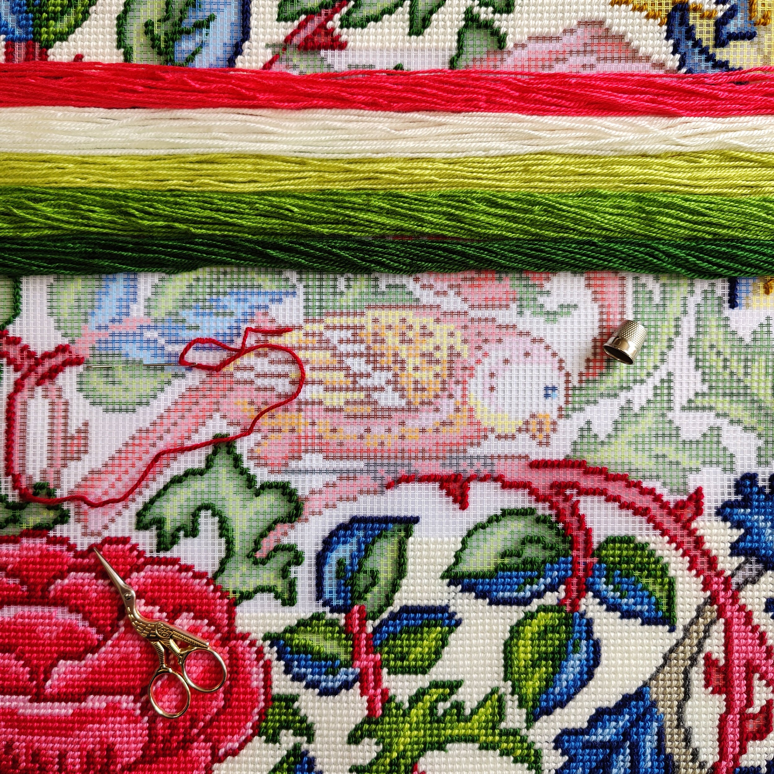 Brvsk Embroidery Kit for Adults and Beginners — Enchanted Bird by William Morris 16″ × 16″ with Clear, Precise Printed Design on Cotton Canvas; Includes 2 Needles, Yarn, and Easy-Read Chart