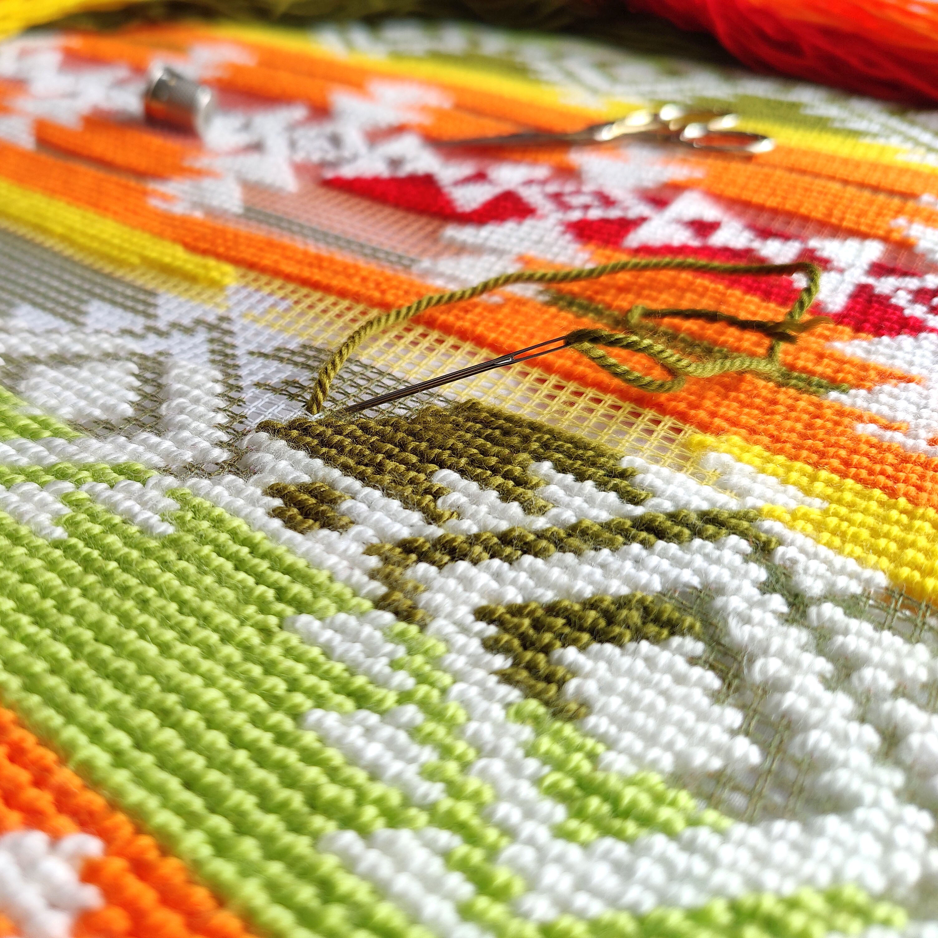 Brvsk Ethnic Embroidery Kit for Adults and Beginners — Guatemala 16″ × 16″ with Clear, Precise Printed Design on Cotton Canvas; Includes 2 Needles, Yarn, and Easy-Read Chart