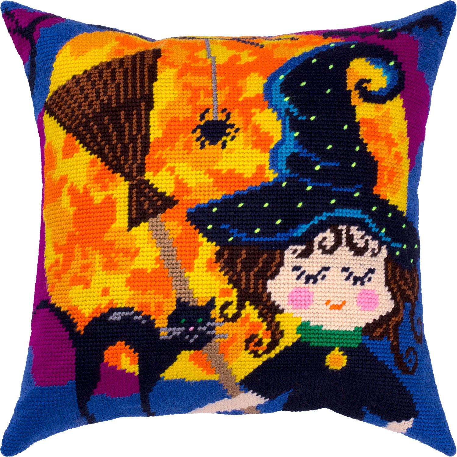 Brvsk Seasonal Embroidery Kit for Adults and Beginners — Halloween 16″ × 16″ with Clear, Precise Printed Design on Cotton Canvas; Includes 2 Needles, Yarn, and Easy-Read Chart