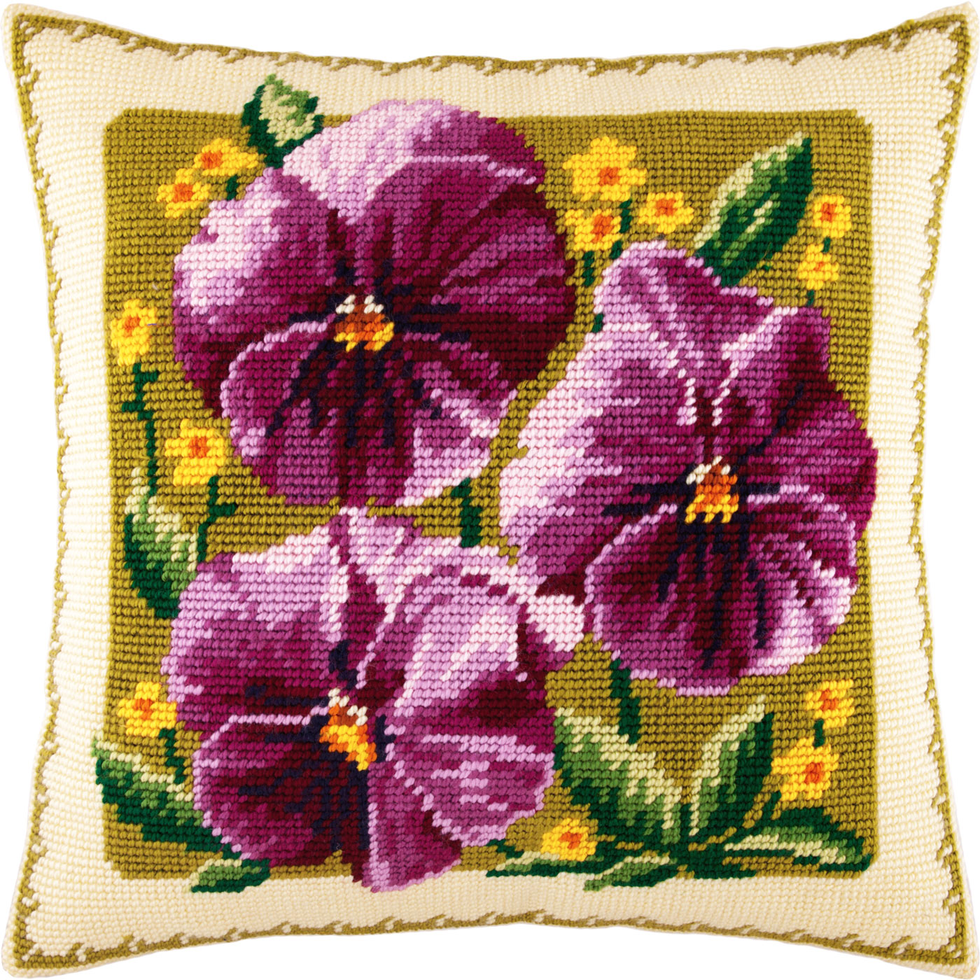 Brvsk Floral Embroidery Kit for Adults and Beginners — Pansies 16″ × 16″ with Clear, Precise Printed Design on Cotton Canvas; Includes 2 Needles, Yarn, and Easy-Read Chart