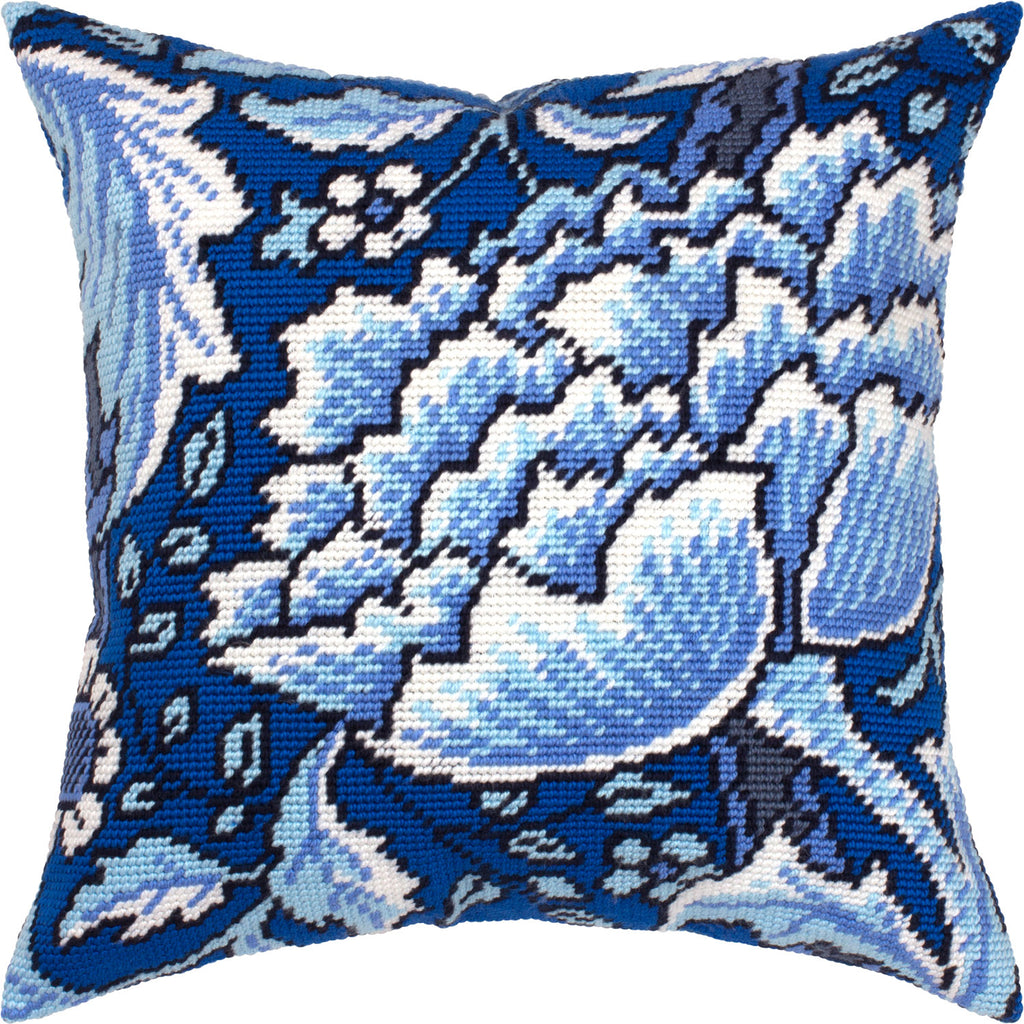 Brvsk Floral Embroidery Kit for Adults and Beginners — Windrush. Peony by William Morris 16″ × 16″ with Clear, Precise Printed Design on Cotton Canvas; Includes 2 Needles, Yarn, and Easy-Read Chart