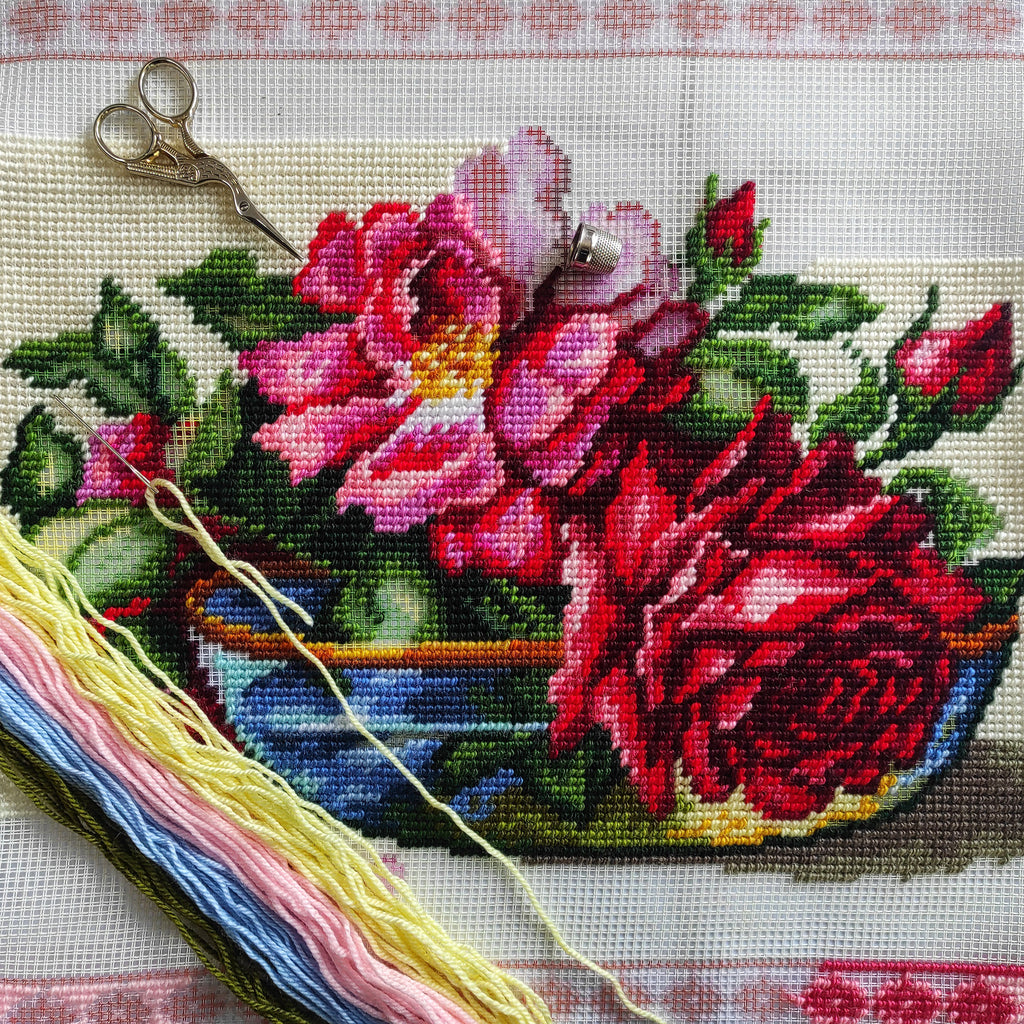 Brvsk Still Life Embroidery Kit for Adults and Beginners — Enchanting Roses 16″ × 16″ with Clear, Precise Printed Design on Cotton Canvas; Includes 2 Needles, Yarn, and Easy-Read Chart