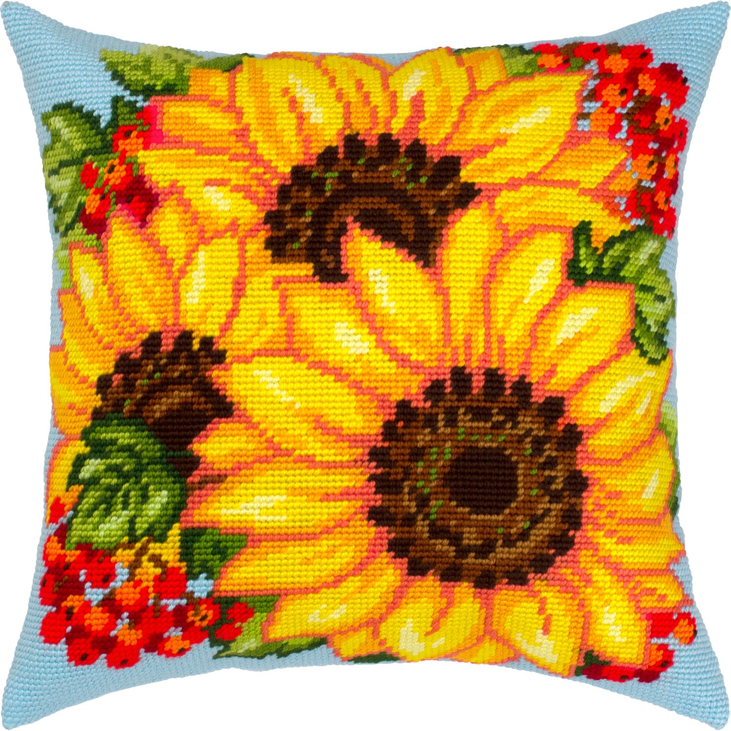 Brvsk Floral Stamped Cross-Stitch Kit for Adults and Beginners — Sunflowers and Viburnum 16″ × 16″ with Clear, Precise Printed Design on Cotton Canvas; Includes 2 Needles, Yarn, and Easy-Read Chart