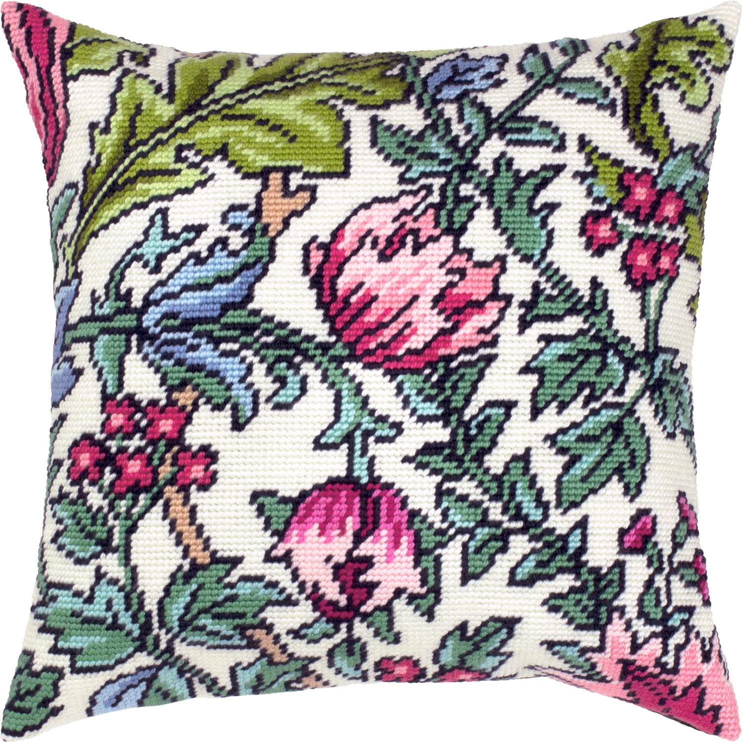 Brvsk Floral Embroidery Kit for Adults and Beginners — Derwent by John Henry Dearle 16″ × 16″ with Clear, Precise Printed Design on Cotton Canvas; Includes 2 Needles, Yarn, and Easy-Read Chart