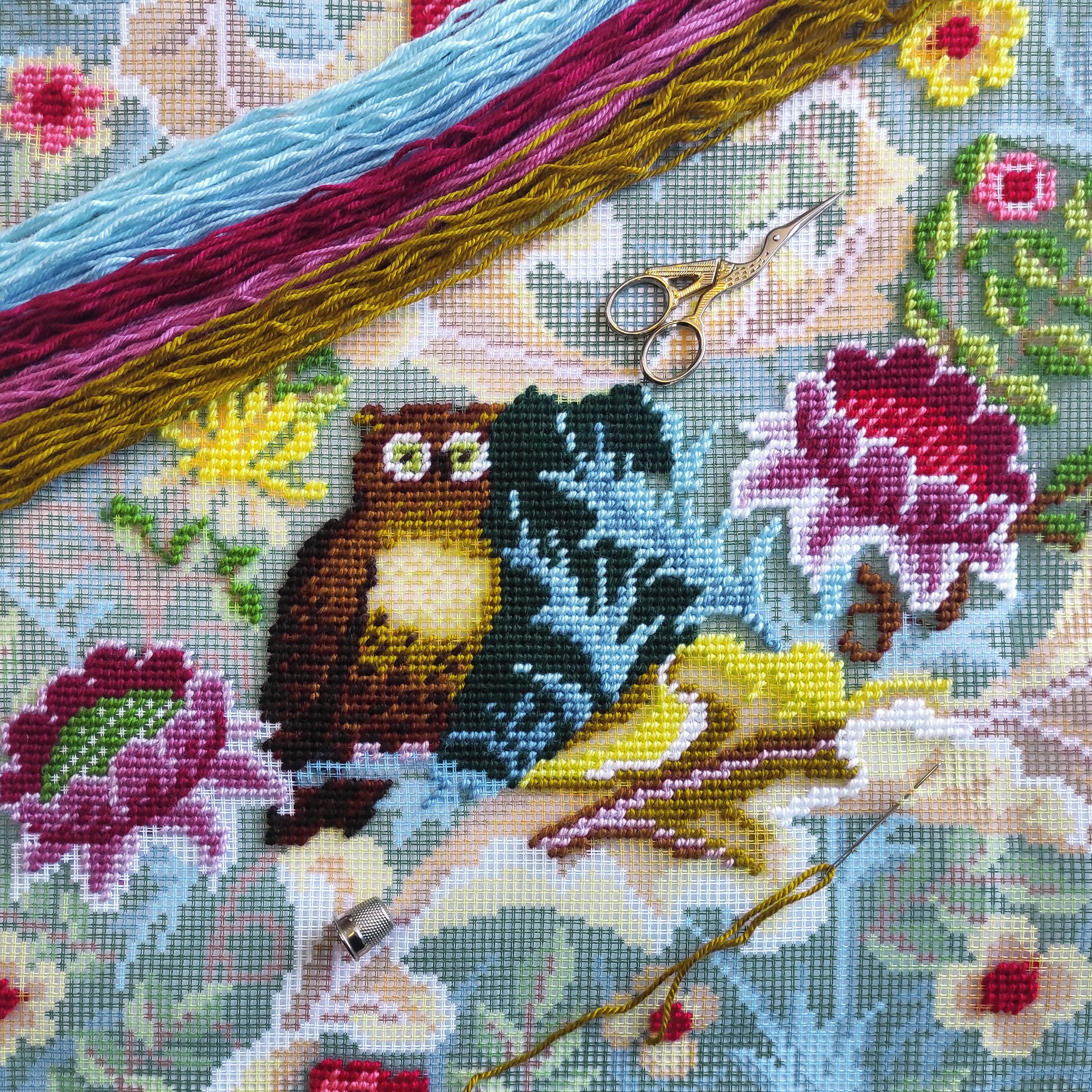 Brvsk Tapestry Needlepoint Kit for Adults and Beginners — Owl by John Henry Dearle 16″ × 16″ with Clear, Precise Printed Design on Cotton Canvas; Includes 2 Needles, Yarn, and Easy-Read Chart